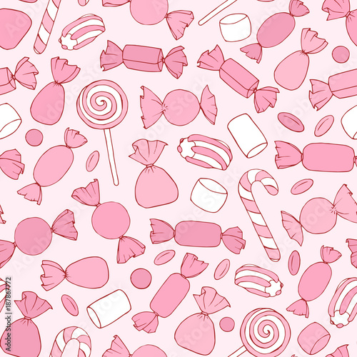 Hand drawn vector candies, canes and marshmallows seamless pattern on the pink background. Holiday decoration in pastel colors.