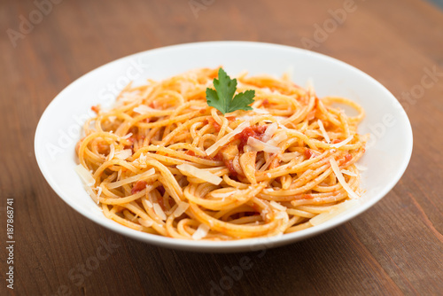 Tomato spaghetti with parmigiano cheese 