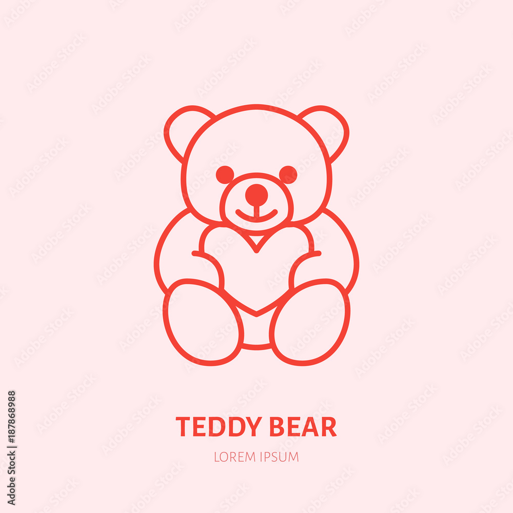 Obraz premium Teddy bear illustration. Plush flat line icon, toy store logo. Valentines day present sign.