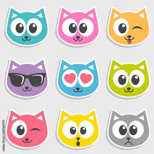 Set of colorful cats with different emotions