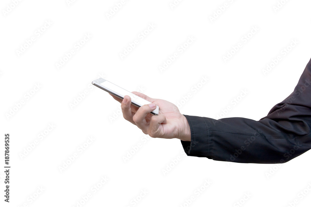 Isolated female hand holding a phone with white screen clipping path,mock-up smartphone Isolated female hand holding a phone with white screen clipping path,mock-up smartphone