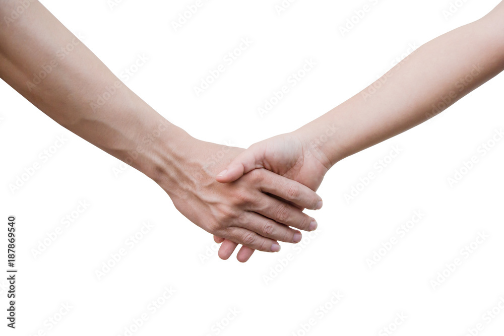 man and woman shaking hands, isolated on white with clipping path man and woman shaking hands, isolated on white with clipping path