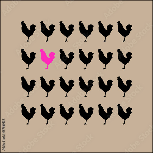 Conceptual vector illustration: contrasting oneself with society, individuality and difference from others. On a vector there are twenty-three black  and one pink cocks.