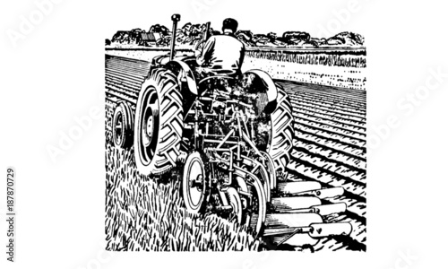 Vintage Retro Tractor Farming Machinery Illustration