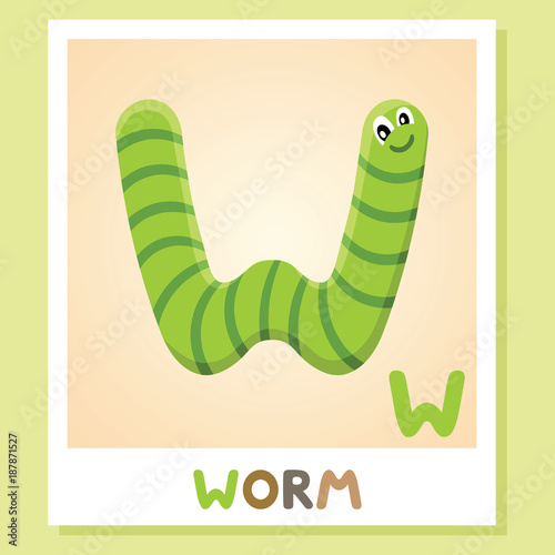 W is for Worm. Letter W. worm, cute illustration. Animal alphabet.