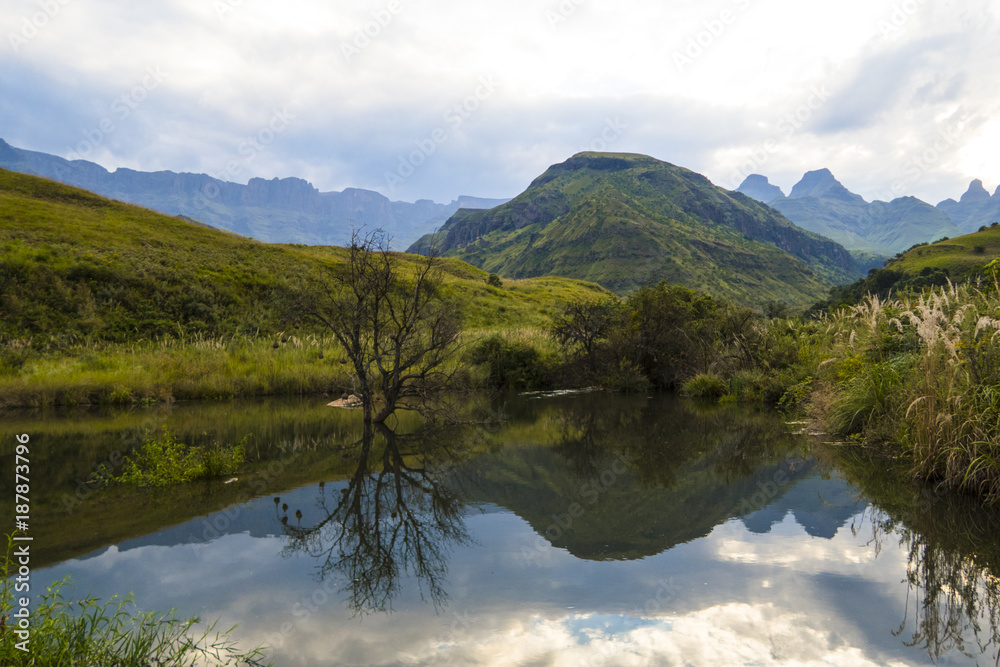 Breathtaking view of the mountains and lake  in Drakensberg, South Africa,