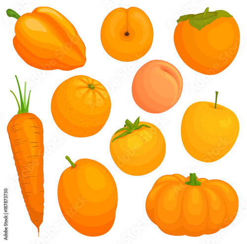 Orange vegetables and fruits. Vector illustration. A set of food of orange color.