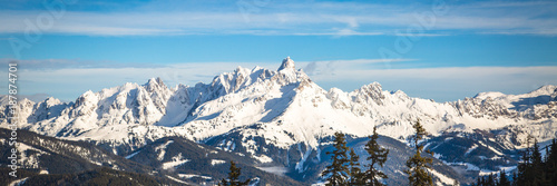 Austrian alps panorama. Mountains nature landscape. Long banner format.