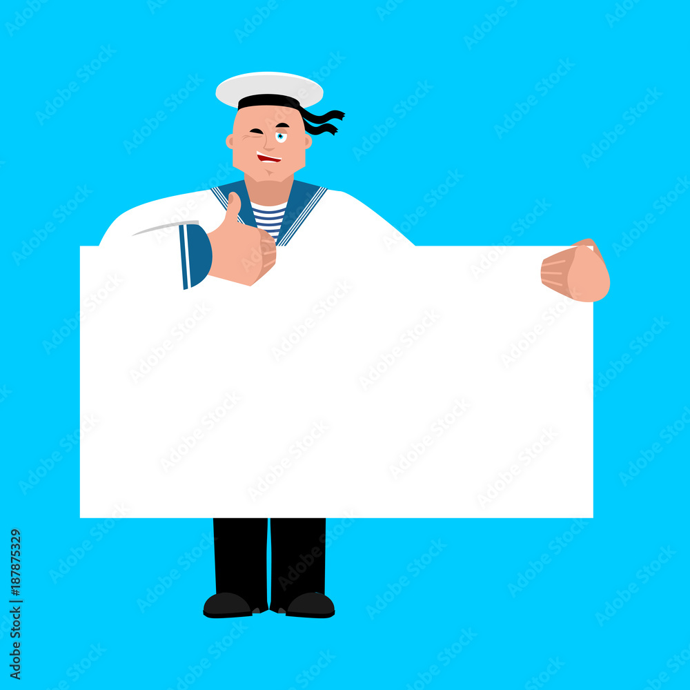 Sailor holding banner blank. Russian soldier seafarer and white blank. Seaman Military in Russia thumb up and winks joyful emotion. Illustration for 23 February. Defender of Fatherland Day. Sailor holding banner blank. Russian soldier seafarer and white blank. Seaman Military in Russia thumb up and winks joyful emotion. Illustration for 23 February. Defender of Fatherland Day.