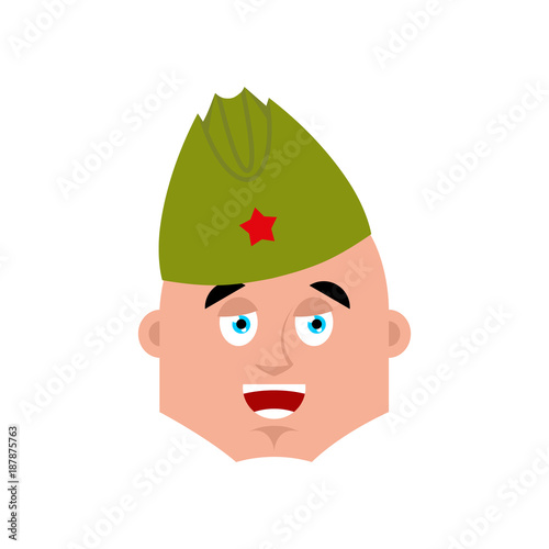 Soviet soldier happy emoji. Retro Russian warrior  merry emotions avatar. Joyful Military in Russia. Illustration for 23 February. Defender of Fatherland Day. Army holiday for Russian Federation