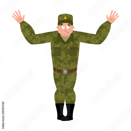 Russian soldier confused oops. Warrior perplexed emotions. surprise Military in Russia. Illustration for 23 February. Defender of Fatherland Day. Army holiday for Russian Federation