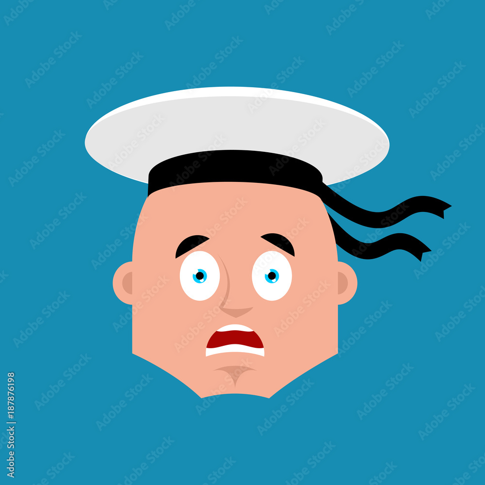 Sailor scared OMG emoji. Russian soldier seafarer Oh my God emotion avatar. Frightened Seaman Military in Russia. Illustration for 23 February. Defender of Fatherland Day.  