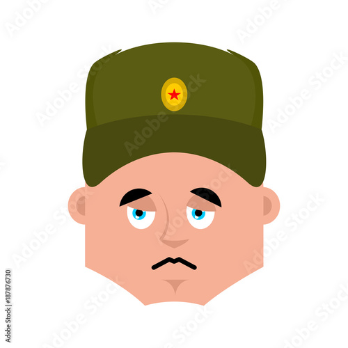 Russian soldier sad emoji. Warrior sorrowful emotions. dull Military in Russia. Illustration for 23 February. Defender of Fatherland Day. Army holiday for Russian Federation