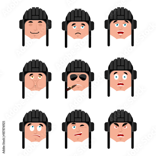 Tankman set emoji. Sad and angry face. guilty and sleeping. Russian soldier sleeping emotion face. Tankman Military in Russia sick. Illustration for 23 February. Defender of Fatherland Day. 