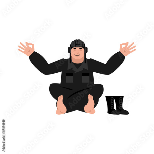 Tankman yoga. Russian soldier yogi. Tankman Military in Russia Relaxation and meditation. Illustration for 23 February. Defender of Fatherland Day. Army holiday for Russian Federation