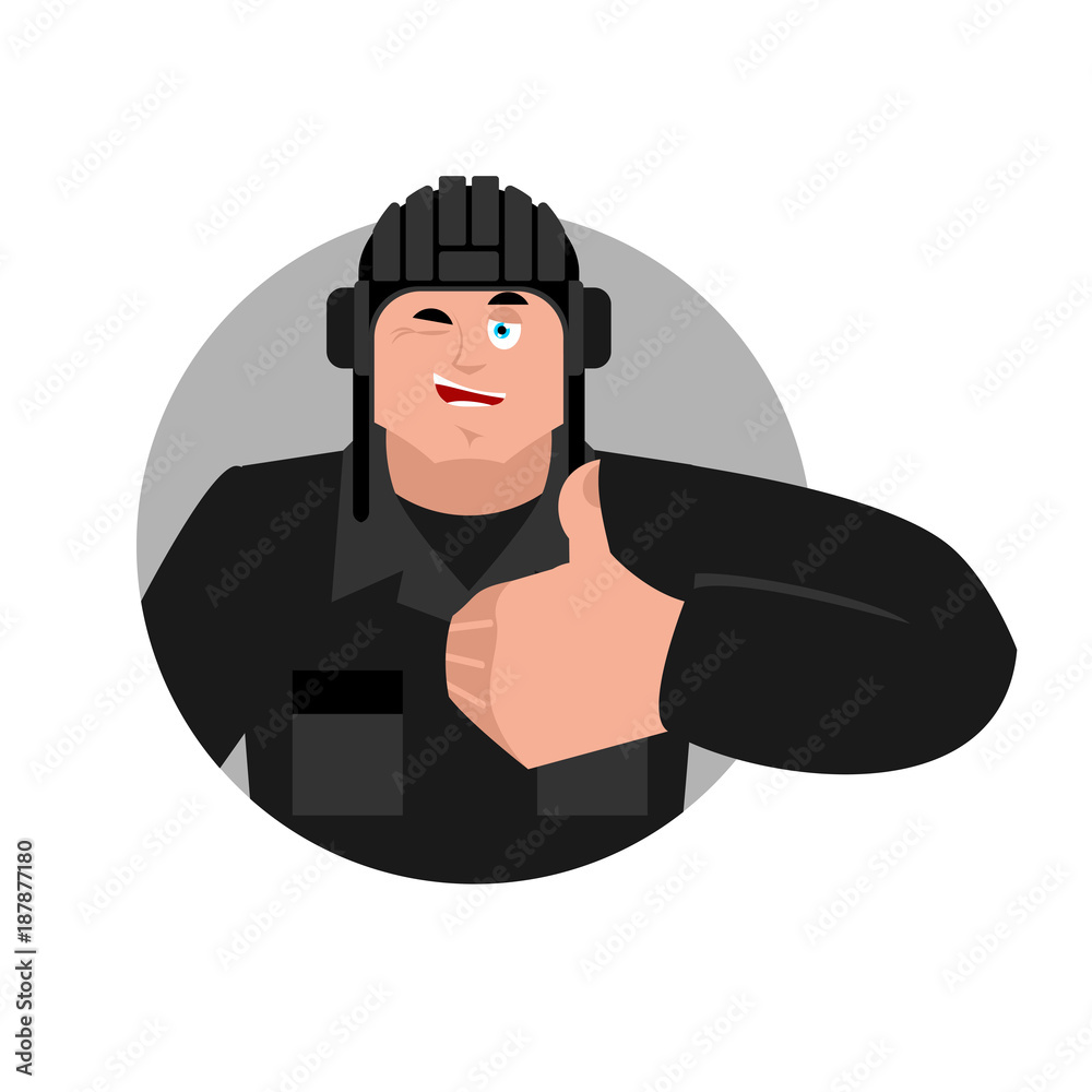 Tankman thumbs up and winks. Russian soldier happy emoji. Tankman Military in Russia Joyful. Illustration for 23 February. Defender of Fatherland Day. Army holiday for Russian Federation