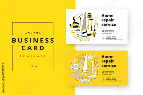 Home improvement corporate business card with repair tools. House construction id template. Renovation background for professional carpenter, handyman, builder. Vector illustration.