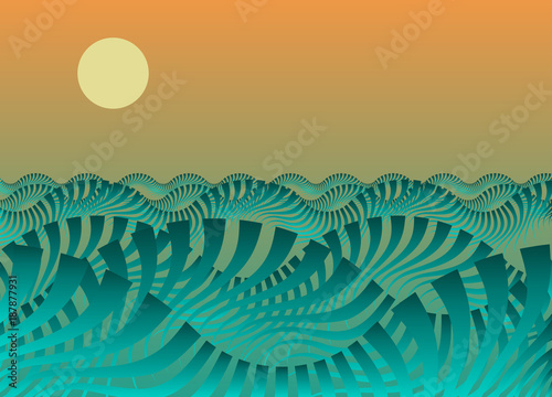 stylized ocean landscape in orange and blue