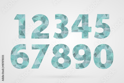1 2 3 4 5 6 7 8 9 0 polygonal geometric numbers. Decorative blue geometric icons set. Abstract triangle symbols for decoration, concept design, illustration