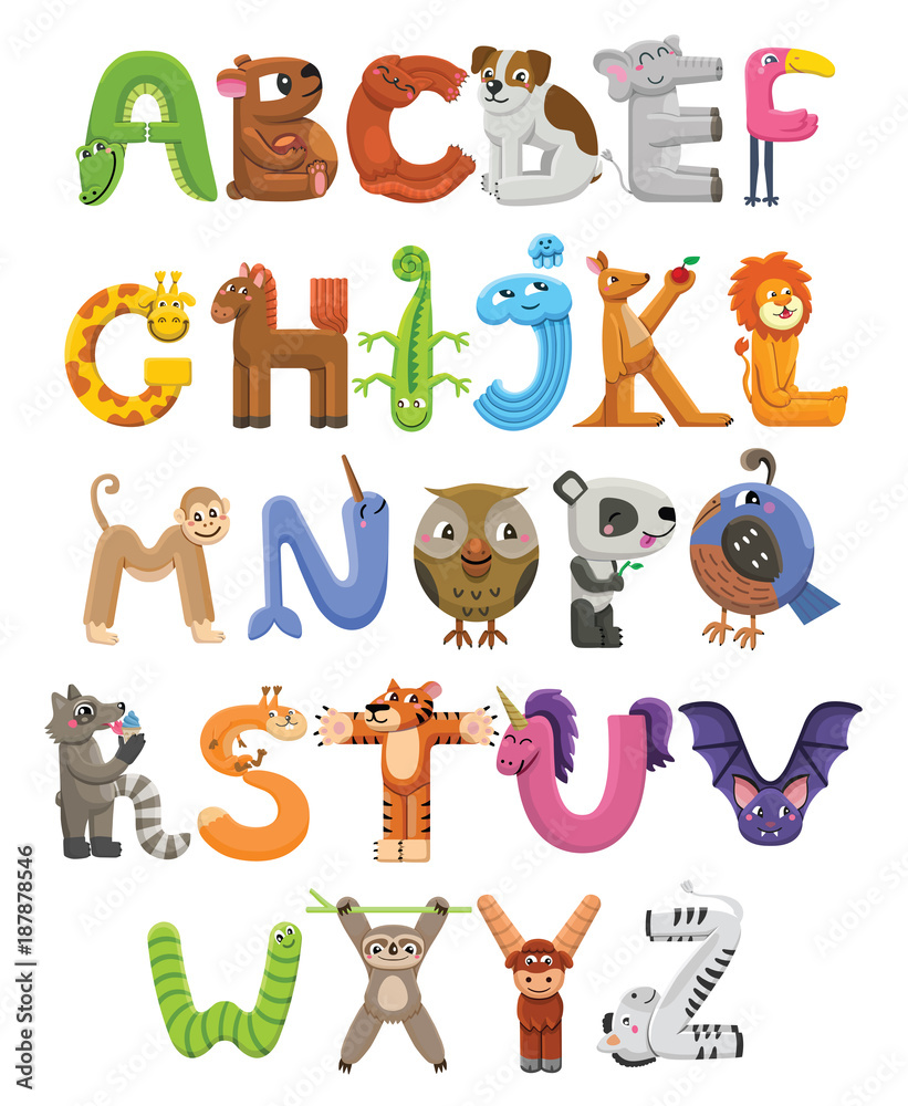 Zoo alphabet. Animal alphabet. Letters from A to Z. Cartoon cute animals  isolated on white background Stock Vector | Adobe Stock