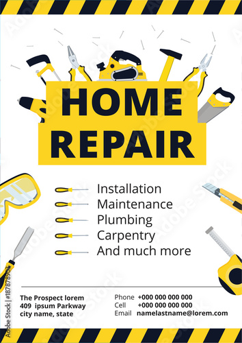 Home improvement poster or flyer with repair tools. House construction id template. Renovation background for professional carpenter, handyman, builder. Vector illustration.