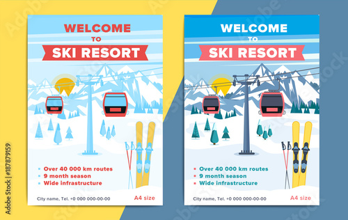 Colorful mountain ski resort background illustration. Bright layout with lift or gondola on winter alpine landscape for poster, flyer, banner.