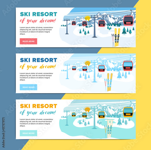 Colorful mountain ski resort background illustration. Bright layout with lift or gondola on winter alpine landscape for poster, flyer, banner.