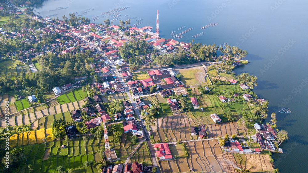 Rice field parts and fish farming divided to plots by water channels and pathways,aerial shot, West Sumatra,Maninjau lake area,Indonesia