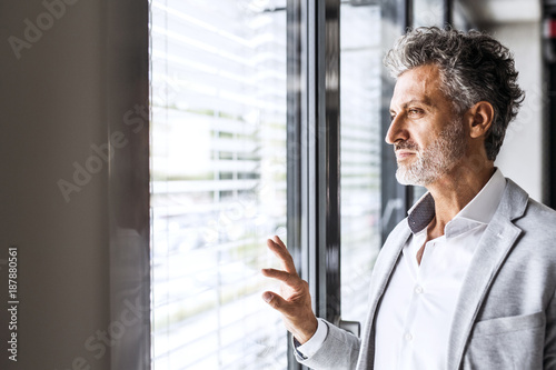 Portrait of confident mature businessman looking out of window