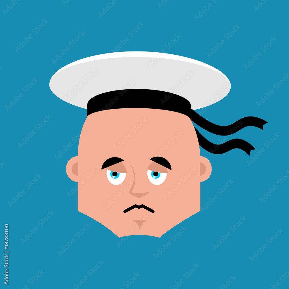Sailor sad emoji. Russian soldier seafarer sorrowful emotions avatar. Seaman Military in Russia dull. Illustration for 23 February. Defender of Fatherland Day. Army holiday for Russian Federation