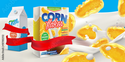 Corn flakes box advertising poster with milk carton and big splash vector realistic illustration