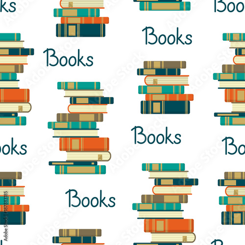 Pattern from stacks of books and hand drawn word books on white background. Vector illustration.