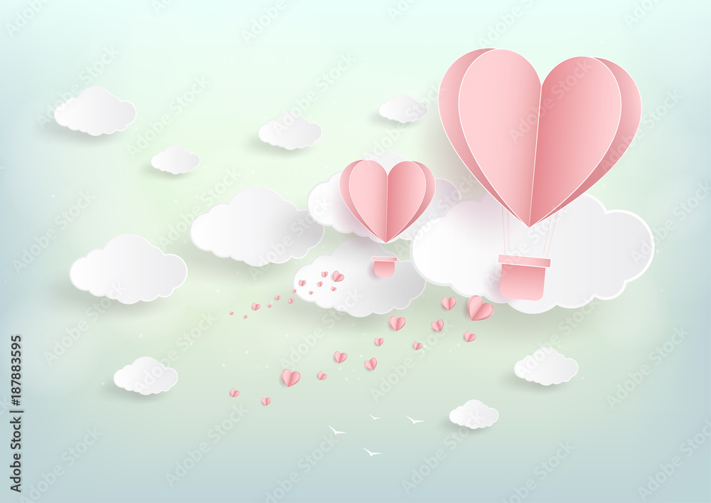 Happy valentine day. with creative pink love balloon concept on sky and cloud background for copy space. minimal concept. Vector Illustration