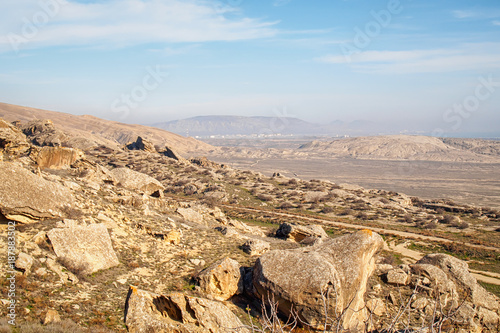 "Martian" landscape with chalk-stone rocks in the Gobustan National Park, Azerbaijan