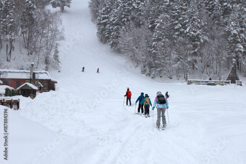Skiers prepare to climb the mountain