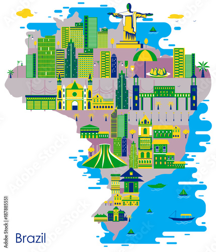 Map of country Brazil with building and famous monument