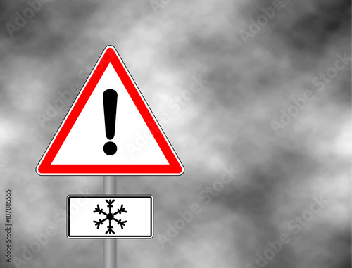 Winter warning sign shows danger of ice and snow at street, highway or road. Snow warning sign (Risk of Ice warning sign) isolated on a grey sky. Vector illustration