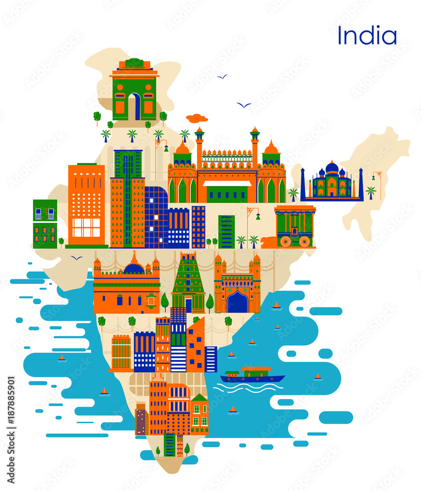 Map of country India with building and famous monument