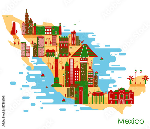 Map of country Mexico with building and famous monument