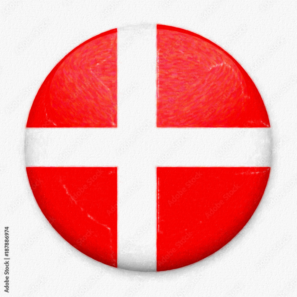 Fototapeta premium Watercolor Flag of Denmark in the form of a round button with a light glare and a shadow. The symbol of Independence Day, a souvenir, a button for switching the language on the site, an icon.
