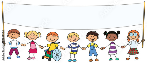 7 Kinder mit Banner - Vektor-Illustration