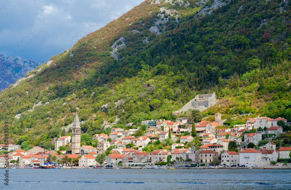 Beautiful view from sea to resort town of Perast, Kotor Bay, Montenegro