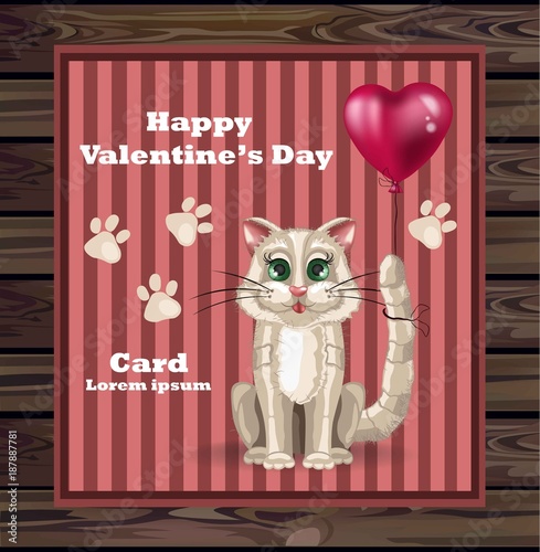 Valentine day cute kitty card Vector. Happy holiday with cat holding a balloo...