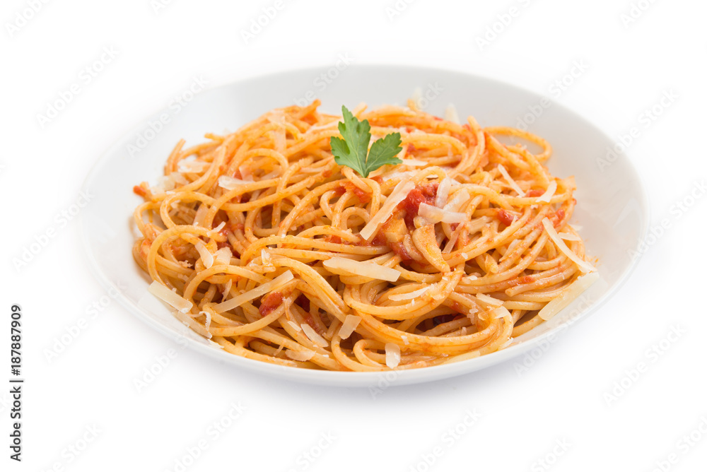 Piatto di spaghetti al pomodoro e formaggio