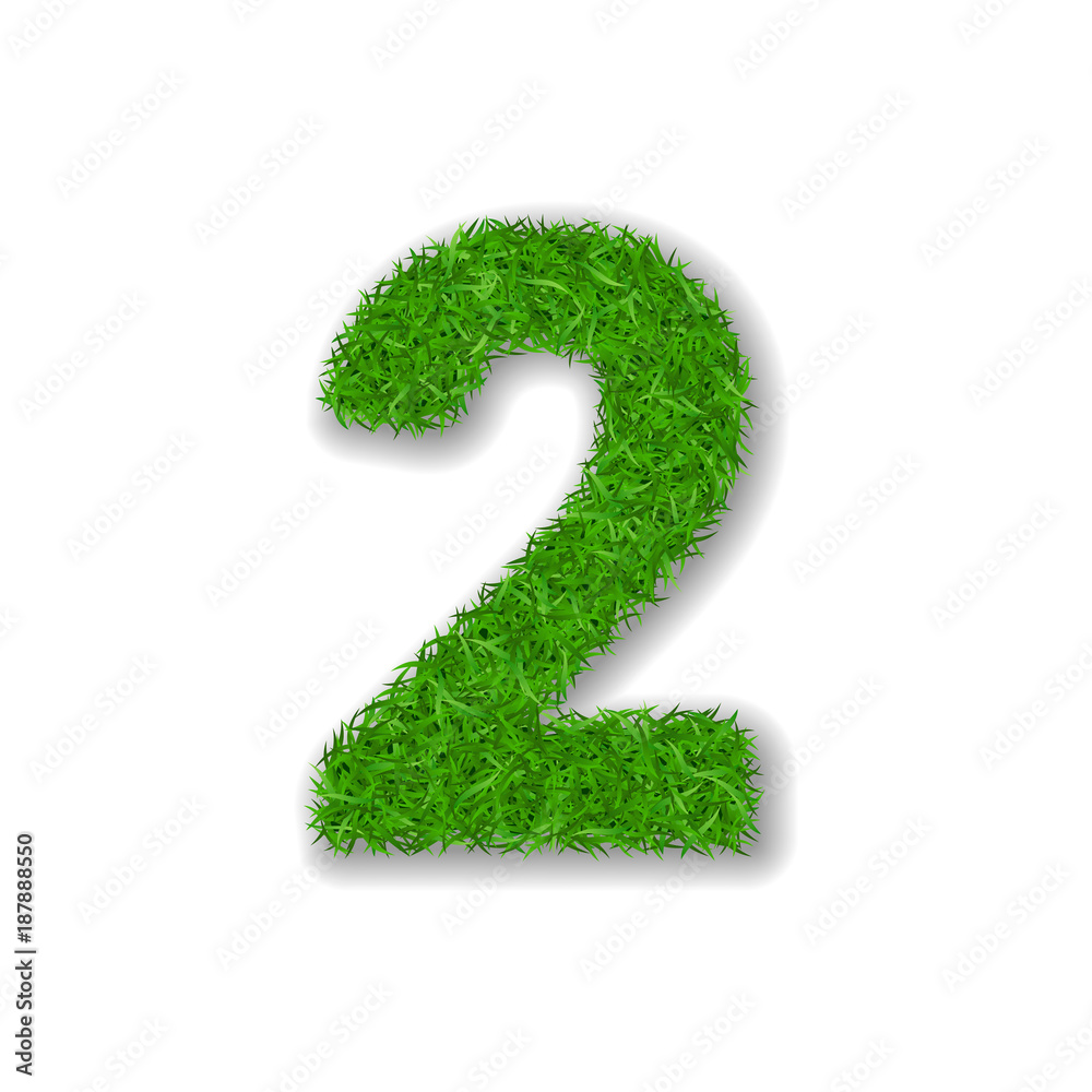 Grass number 2. Green 3D number two, isolated on white background. Green grass 2, symbol of fresh nature, plant lawn, summer. Grass texture spring font. Beautiful eco design. Vector illustration Grass number 2. Green 3D number two, isolated on white background. Green grass 2, symbol of fresh nature, plant lawn, summer. Grass texture spring font. Beautiful eco design. Vector illustration