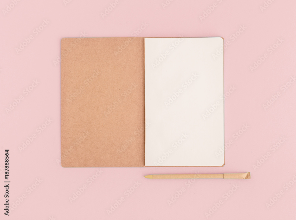 Notebook opened and a pen on a pink desk. Flat lay. Notebook opened and a pen on a pink desk. Flat lay.