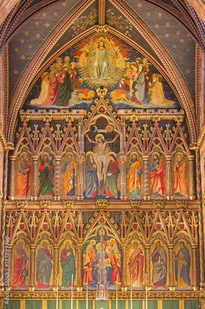 LONDON, GREAT BRITAIN - SEPTEMBER 15, 2017:  The neo gothic main altar in church All Saints by Ninian Comper (1864 - 1960).