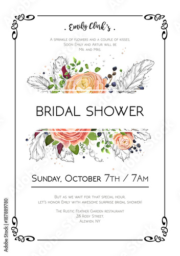 Bridal shower vector boho art wedding watercolor Invitation card design with light pink floral garden rose Ranunculus flowers fern green leaf, hand drawn line feathers & bead. Graphic background frame