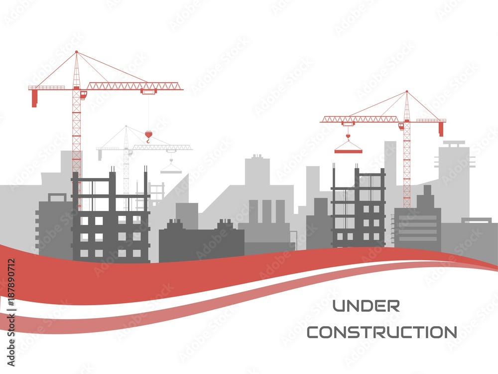 Cityscape with construction of buildings and construction cranes.