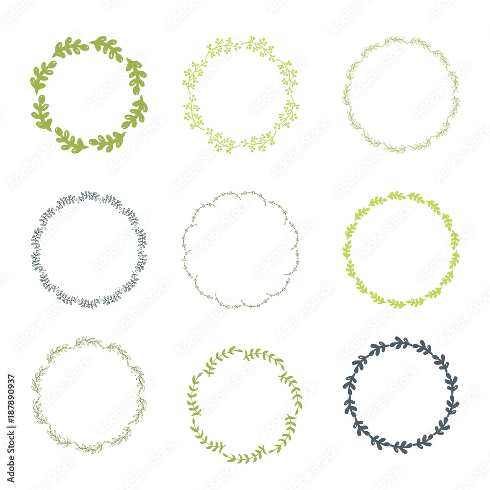 Collection of round frames from a hand drawing of leaves. Vector illustration.